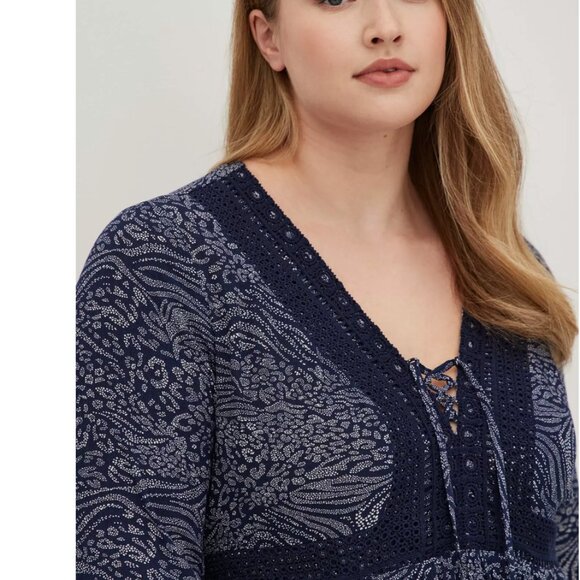Torrid Babydoll Gauze Crochet Trim Lace-Up Navy Blue Top Size 3X - Picture 3 of 11